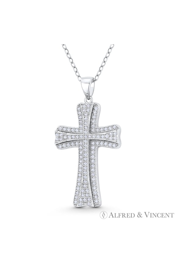 Knights Templar Medieval Cross Cubic Zirconia CZ Crystal 35x18mm (1.4x0.7in) Christian Pendant & Chain Necklace in .925 Sterling Silver w/ Rhodium