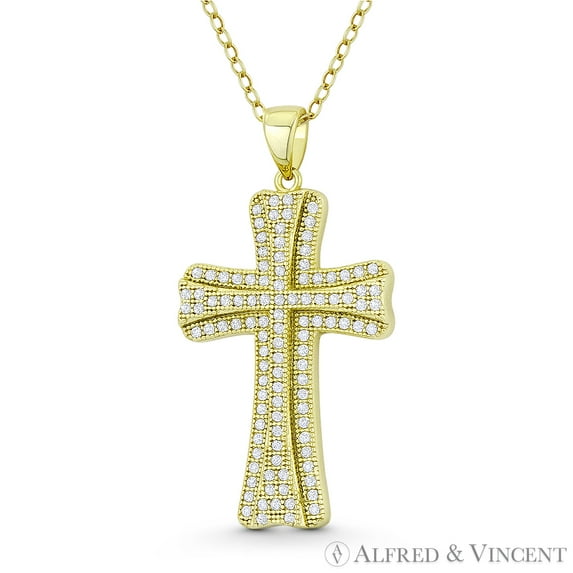 Knights Templar Medieval Cross Cubic Zirconia CZ Crystal 35x18mm (1.4x0.7in) Christian Pendant in .925 Sterling Silver w/ 14k Yellow Gold