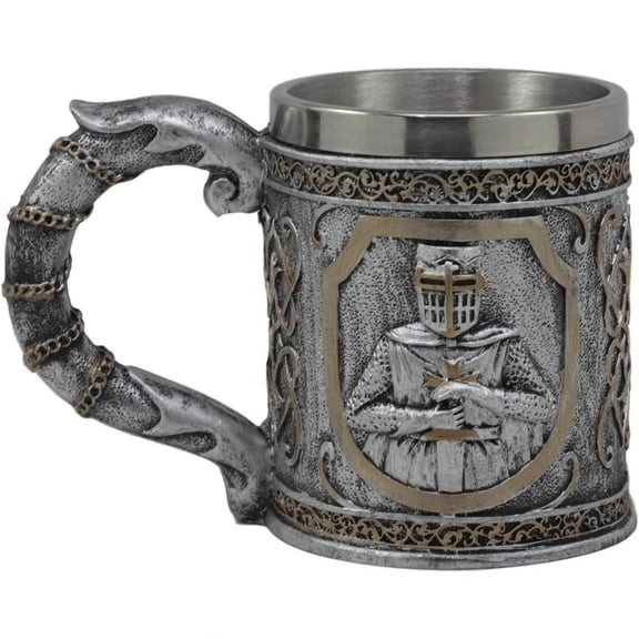 Knights Templar Mug 500-600ml - Resin & Stainless Steel - Unique Medieval Templar Design - Handcrafted Collectors Mug - Ideal for History Buffs & Fantasy Fans