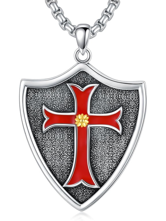 Knights Templar Necklace for Men Sterling Silver Shield Pendant with 3mm 24+2 inch Stainless Steel Chain Men's Verse Bible Armor of God Necklace Religious Necklace Gifts for Men Women