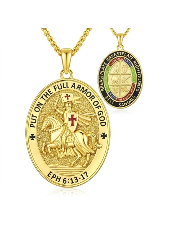 Knights Templar Necklace, 14K Gold Plated Double-Sided Armor of God Christian Crusader Medal for Men Women