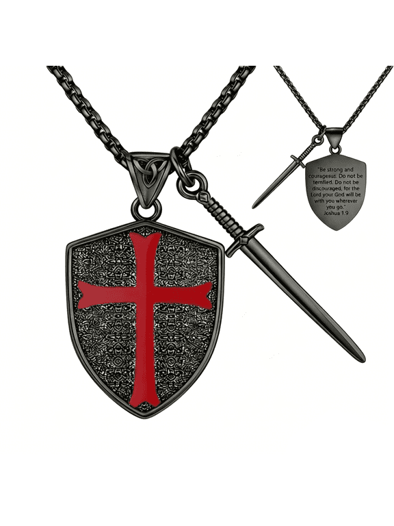 Knights Templar Necklace for Men, Black Gold Plated Red Cross Shield and Sword Pendant, Crusader Christian Gift