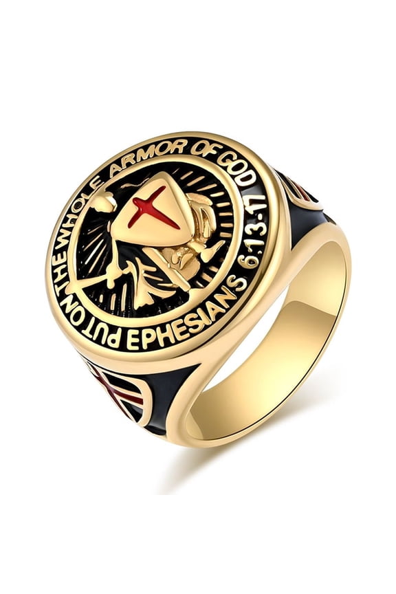 Knights Templar Put On The Whole Armor of God Ephesians 6:13-21 Red Cross Design Men's 14K Yellow Gold  Ring