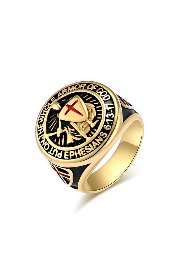 Knights Templar Put On The Whole Armor of God Ephesians 6:13-21 Red Cross Design Men's 14K Yellow Gold Ring