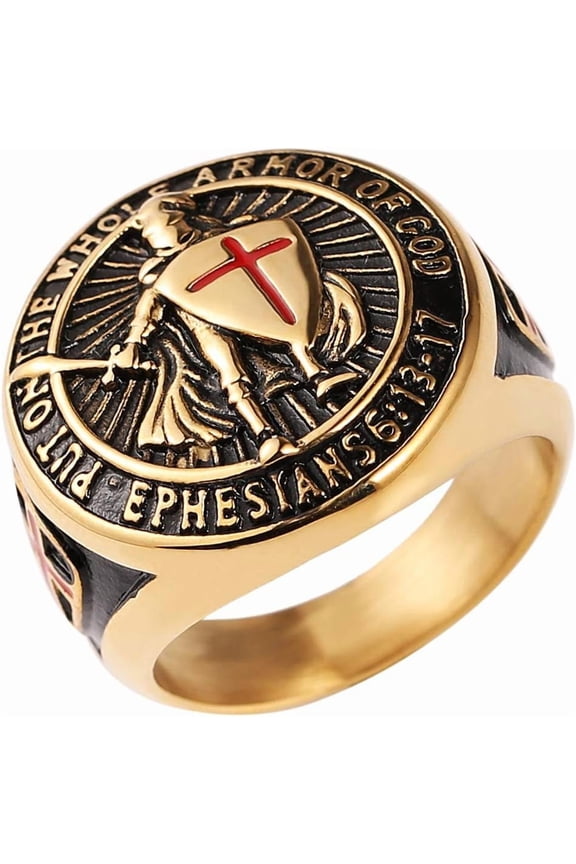 Knights Templar Put On The Whole  of God Ephesians 6:13-17 Red Cross Design Men's Stainless Steel Ring