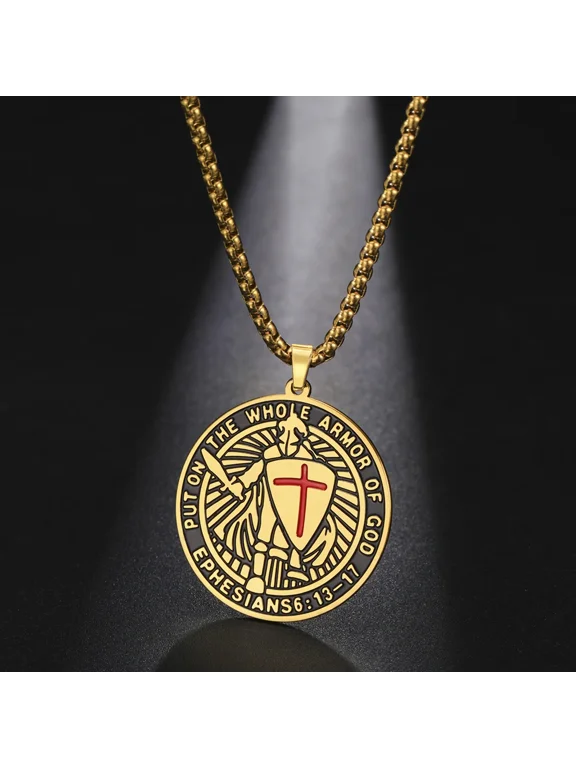 Knights Templar Shield Pendant Necklace, 14K Gold Filled Armor of God Protection Talisman Jewelry for Men