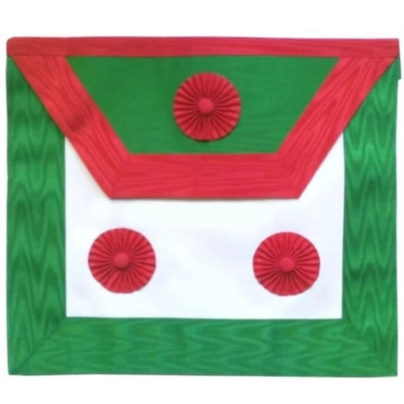 Knights of St. Andrew Scottish Rite Apron – White, Green & Red Moire with Scarlet Rosettes and Belt, Masonic Regalia