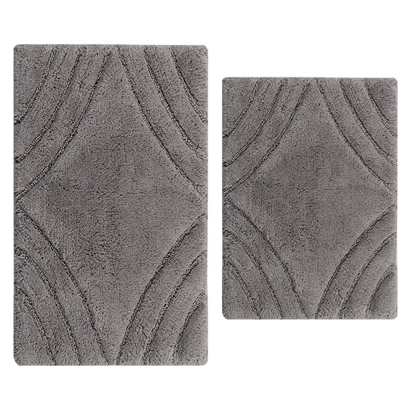 Knightsbridge Stylish And Comfortable Traditional Diamond Design 2 PC Cotton Bath Rug Set 20"x30" & 24"x40" Silver