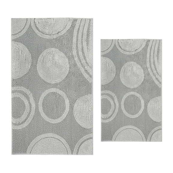 Knightsbridge Stylish And Comfortable Traditional Orbit Design 2 PC Cotton Bath Rug Set 20"x30" & 24"x40" Silver