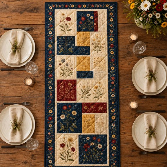 Knightwalker Table Runner Botanical Patchwork, Quilted Polyester, M - 195 x 41 cm