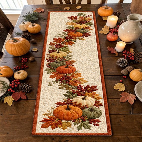 Knightwalker Table Runner Cascading Maple Leaves Pumpkins, Quilted Polyester, M - 195 x 41 cm