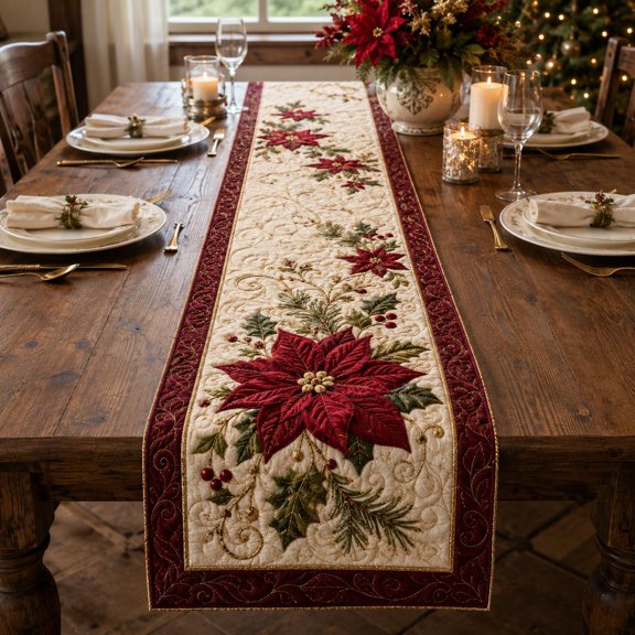 Knightwalker Table Runner Poinsettia Christmas, Quilted Polyester, M - 195 x 41 cm