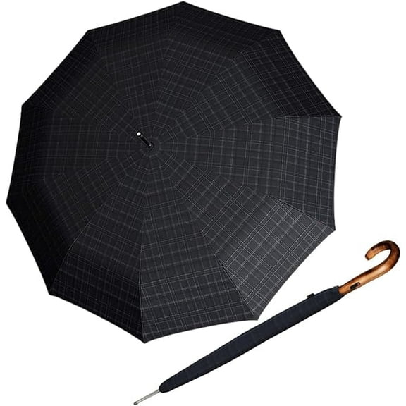 Knirps S.770 36" Long Automatic Stick Umbrella in Check– Premium Rain Protection with a 44.5" Canopy, 10 Reinforced Ribs, Italian Maple Wood Hook Handle - Windproof up to 62 mph, Gift Box Included