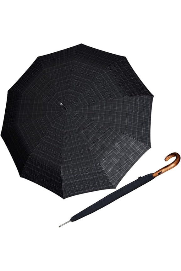 S.770 36" Long Automatic Stick Umbrella in Check– Premium Rain Protection with a 44.5" Canopy, 10 Reinforced Ribs, Italian Maple Wood Hook Handle - Windproof up to 62 mph, Gift Box Included