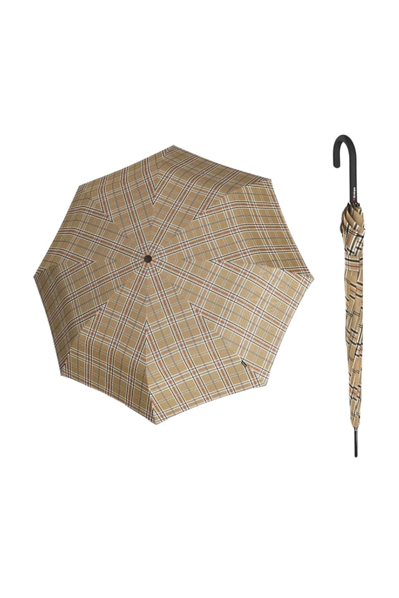T.760 Automatic Long Stick Rain Umbrella in Check Beige  Lightweight Cane Umbrella, 41in Canopy, Fiberglass Ribs & Steel Shaft, OEKO-TEX Fabric, Lacquered Round Handle, Wind-Tunnel Tested