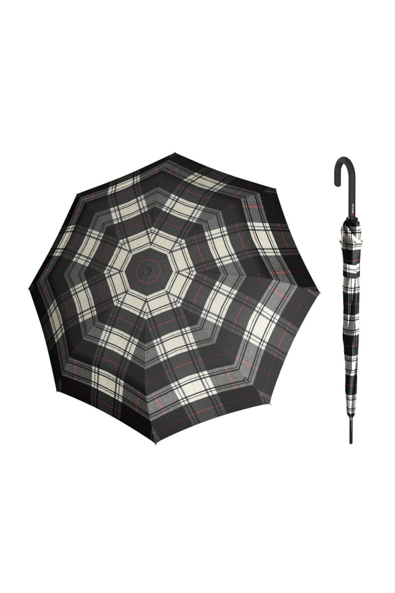 T.760 Automatic Long Stick Rain Umbrella in Check Black & White  Lightweight Cane Umbrella, 4in1 Canopy, Fiberglass Ribs & Steel Shaft, OEKO-TEX, Lacquered Round Handle, Wind-Tunnel Tested