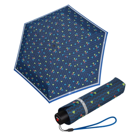 Knirps Triple Blue Rookie Manual Rain Umbrella for Elementary and Middle School Kids – 35.4" Canopy with Reflective Safety Stripe, Lightweight Design, Wind Tunnel Tested, Carrying Case Included