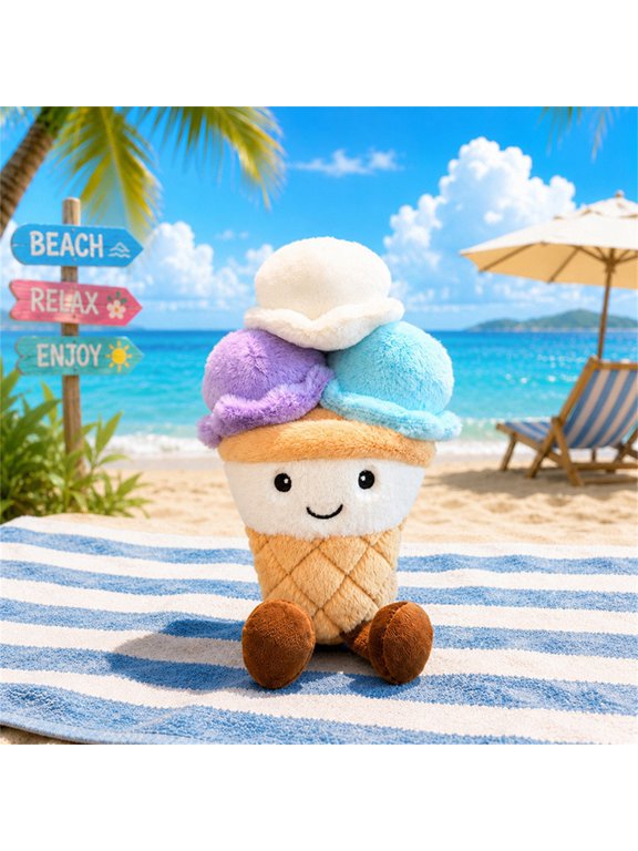 3-Ball Ice Cream Plush Toy — Food Themed Stuffed Animals for Collectors, Cute Plushies Display with Sloth Plush Style and Bag Charm Option,A
