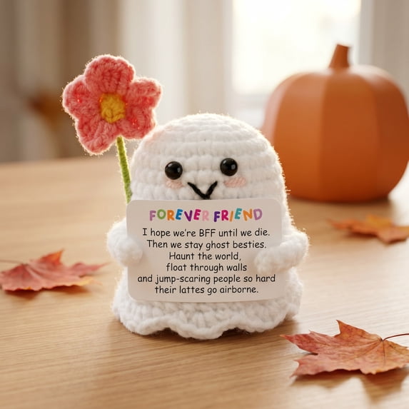Knisume Halloween Toys – Knit Ghost Plush Doll Holding Bloom Flower, Crochet Yarn Stuffed Animal, Cute Stuff for Holiday Gift Exchange and Mantel Decor,E