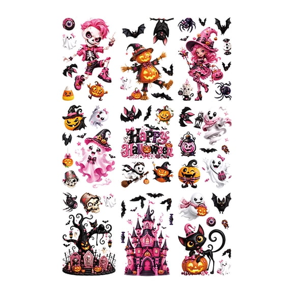 Knisume Halloween Window Clings for Glass – Cute Skeleton Witch Castle Bat Static Decals, Halloween Decorations PVC Material for Halloween Party and Home Decor,pink