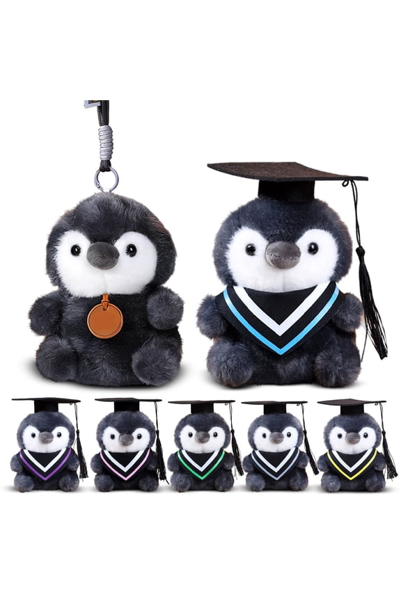 Penguin Graduation Plush Toy — Novelty Stuffed Animals with Keychain Plush Loop, Cute Plushies for Desk Decor, Barney Stuffed Animal Vibe,Gray