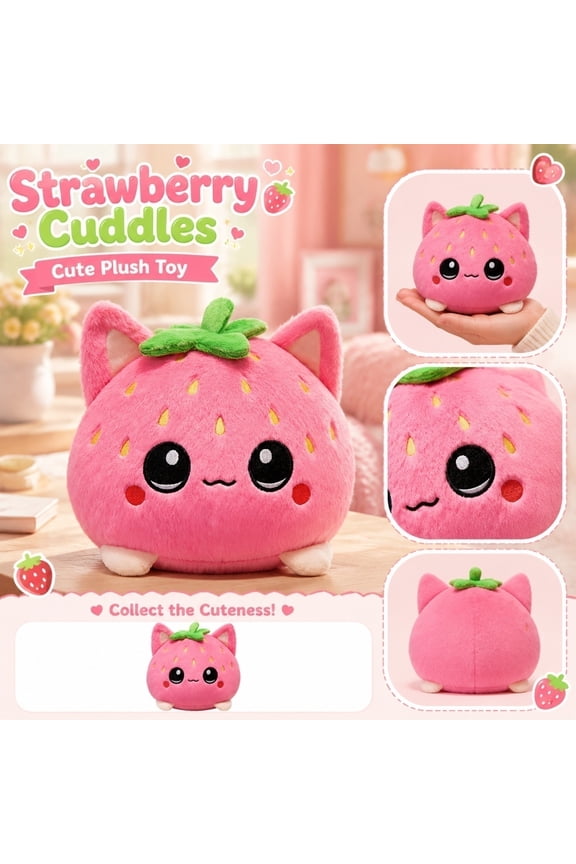 Sitting Strawberry Cat Plush Toy - Cartoon Anime Stuffed Animals, Soft Cuddly Doll, Cozy Plush Companion for Home Decor & Gifts,A