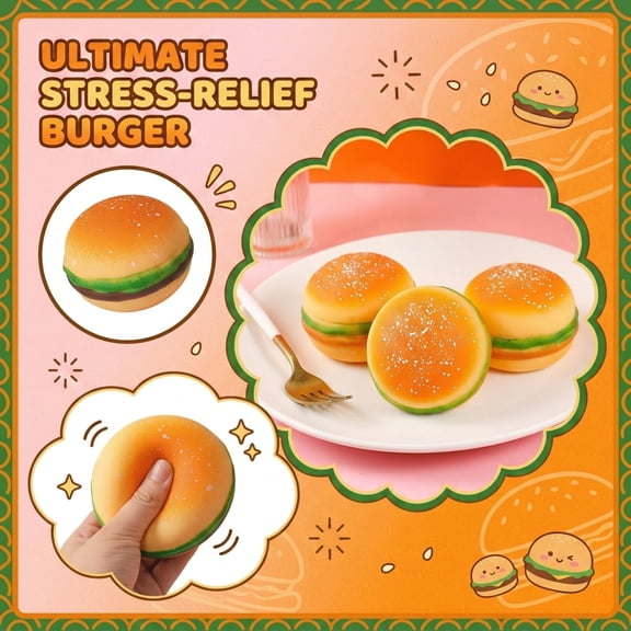 Knisume Squishy Stress Relief Toy Burger – Soft Rubber Sensory Fidget Squeeze Toy for Kids Adults, Realistic Food Design, Perfect Anxiety Relief Gift and Desk Squishy Decor,orange