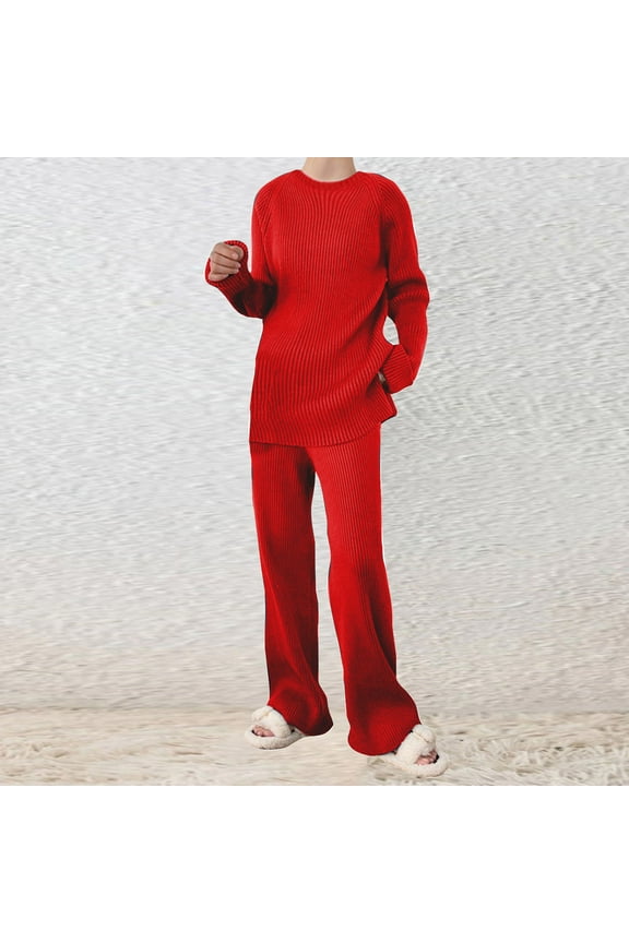 Knit 2 Piece for Women Solid Color Shirt Wide Pants Sets Long Sleeve Sweater Top Outfits Winter Sweatsuit Crew Neck Tracksuit (Red L）