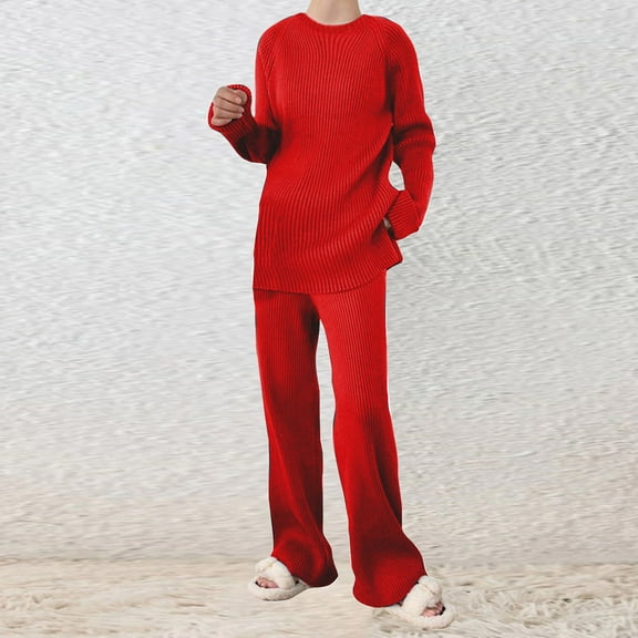 Knit 2 Piece for Women Solid Color Shirt Wide Pants Sets Long Sleeve Sweater Top Outfits Winter Sweatsuit Crew Neck Tracksuit (Red L)