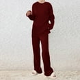 thumbnail image 1 of Knit 2 Piece for Women Solid Color Shirt Wide Pants Sets Long Sleeve Sweater Top Outfits Winter Sweatsuit Crew Neck Tracksuit (Wine L）, 1 of 3