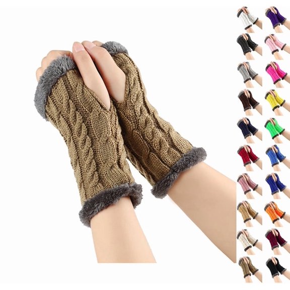 Knit Arm Warmers Fingerless Knitting Gloves Winter Mitten Gloves ThumbHole Costume Light Brown One Size