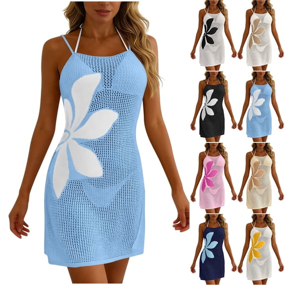 Knit Beach Dress Cami Coverup Womens Sleeveless Swimsuit Bikini Cover Up Camisole Side Flower Summer Outfits (XL, Light Blue)