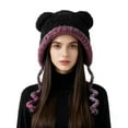 thumbnail image 1 of Knit Beanie with Bear Ears for Women, Cute Winter Double Layer Warm Hat with Colorful Braided Strings, Plush Lined Thickened Ear Flap Hat for Daily Cold Weather Wear and Outdoor Activities, 1 of 4