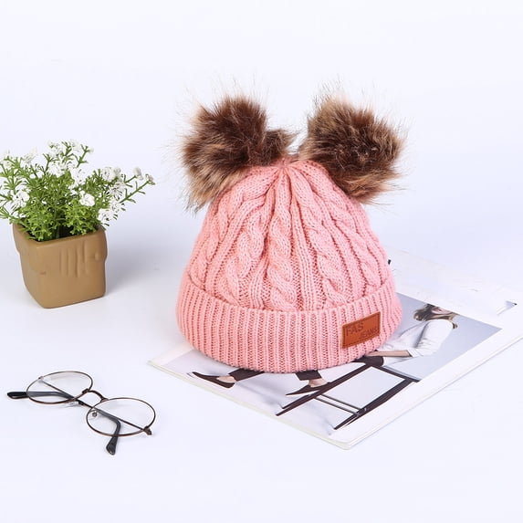 Knit Beanie Hat with Double Pom Poms, Fleece Lined Winter Hat for Men and Women, Warm Cold Weather Beanie for Skiing, Hiking, Outdoor Activities and Daily Commute-Hot Pink