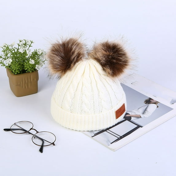 Knit Beanie Hat with Double Pom Poms, Fleece Lined Winter Hat for Men and Women, Warm Cold Weather Beanie for Skiing, Hiking, Outdoor Activities and Daily Commute-White