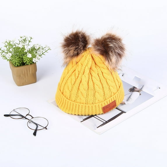 Knit Beanie Hat with Double Pom Poms, Fleece Lined Winter Hat for Men and Women, Warm Cold Weather Beanie for Skiing, Hiking, Outdoor Activities and Daily Commute-Yellow