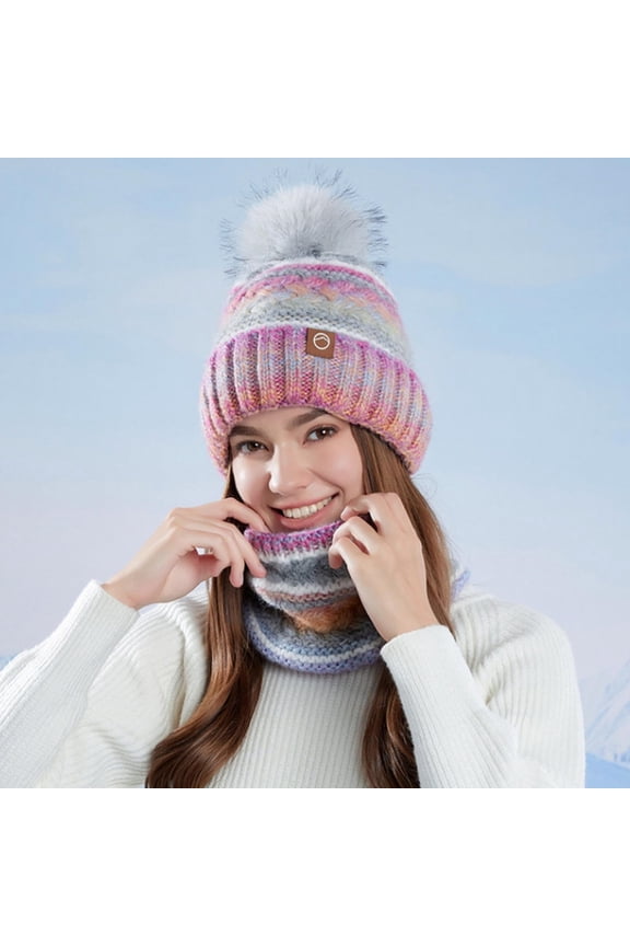Knit Beanie Hat Scarf Set for Women Winter Hat Slouchy Beanie Thick Fleece Lined Warm Skull Cap with Faux Fur Pom,Winter Knitted Beanies Hats Bib (Purple)