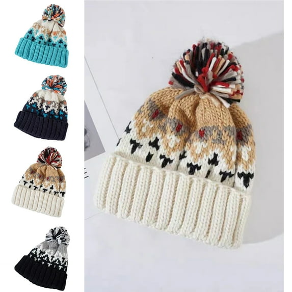 Knit Beanie Hat for Women Fair Isle Patterns Soft Thick Warm Winter Pom Cap Cute Vintage Outdoor Ski Hats Beige Free