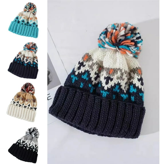 Knit Beanie Hat for Women Fair Isle Patterns Soft Thick Warm Winter Pom Cap Cute Vintage Outdoor Ski Hats Dark Blue Free