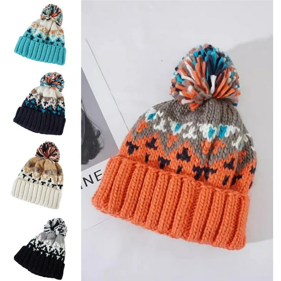Knit Beanie Hat for Women Fair Isle Patterns Soft Thick Warm Winter Pom Cap Cute Vintage Outdoor Ski Hats Saffron Free