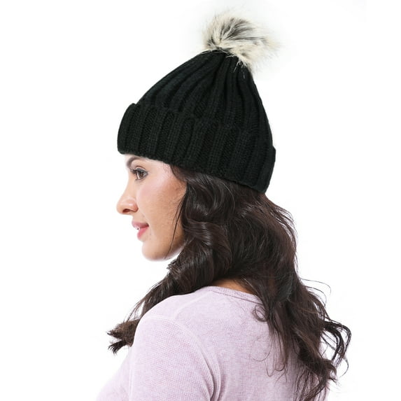 Knit Beanie Hat for Women, Faux Fuzzy Pom Pom Winter Ski Skullies Cap