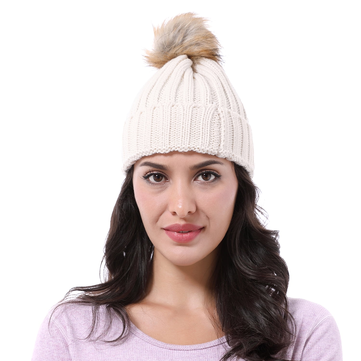 Knit Beanie Hat for Women and Men, Faux Fuzzy Pom Pom Winter  display picture 3