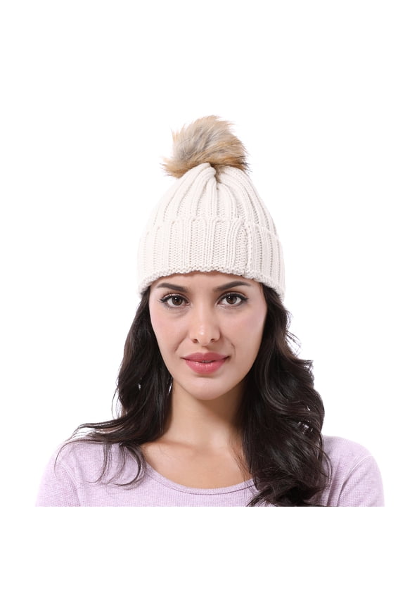 "Knit Beanie Hat for Women and Men, Faux Fuzzy Pom Pom Winter Ski Skullies Cap, Beige "