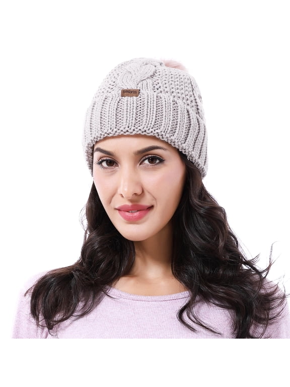 Knit Beanie Hat for Women and Men, Faux Fuzzy Pom Pom Winter Ski Skullies Cap, Khaki