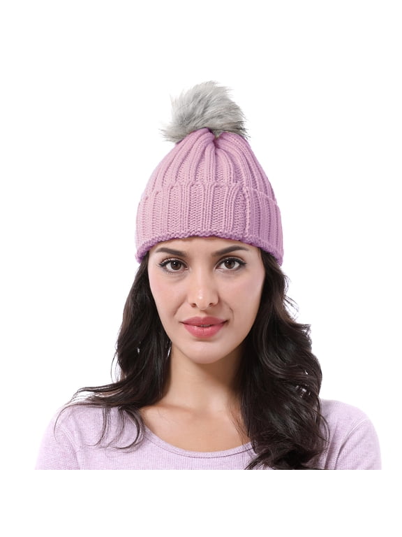 Knit Beanie Hat for Women and Men, Faux Fuzzy Pom Pom Winter Ski Skullies Cap, Light Pink