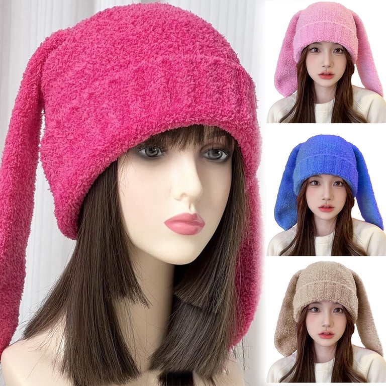 Knit Beanie Hats for Women Bunny Winter Cap Faux Fur Warm  display picture 2
