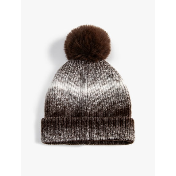 Knit Beanie Multicolor Faux Fur Pompom Detail
