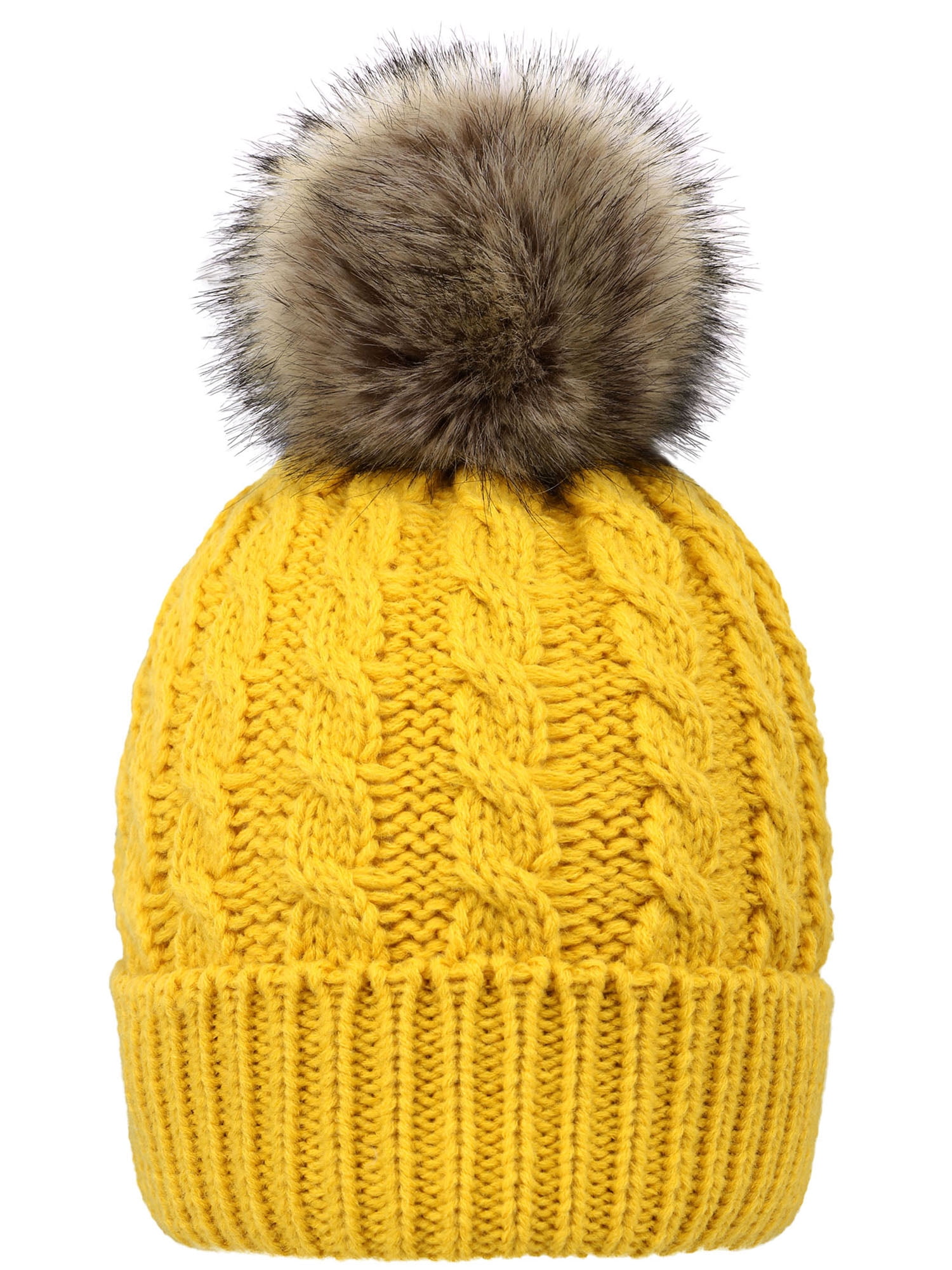 ?Women Yellow Winter Pom Pom Beanie Hat with Warm Fleece Lined XL Custom made hand knitted fuzzy yellow beanie mohair hat with  main image 2