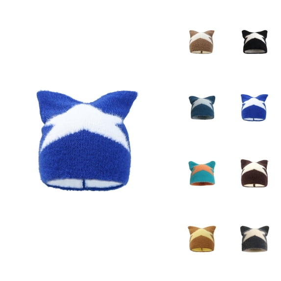 Knit Beanie with Cat Ears and Five-Point Star Pattern Cute Warm Winter Hats for Men Women Soft Stretchy Cozy Hat
