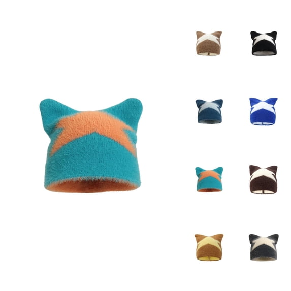 Knit Beanie with Cat Ears and Five-Point Star Pattern Cute Warm Winter Hats for Men Women Soft Stretchy Cozy Hat